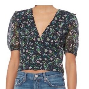 AMUR 100% Silk‎ Black Floral Print V Neck Top Sz L